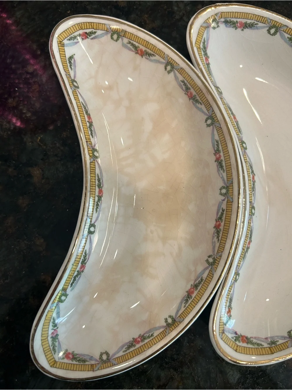 Vintage Bone Dishes Cream Crescent with Gold and Floral Border (5set)